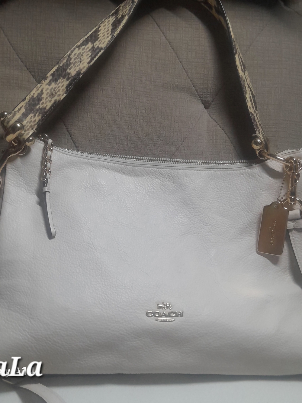Coach White Leather Shoulder Bag with Snake-Print Strap